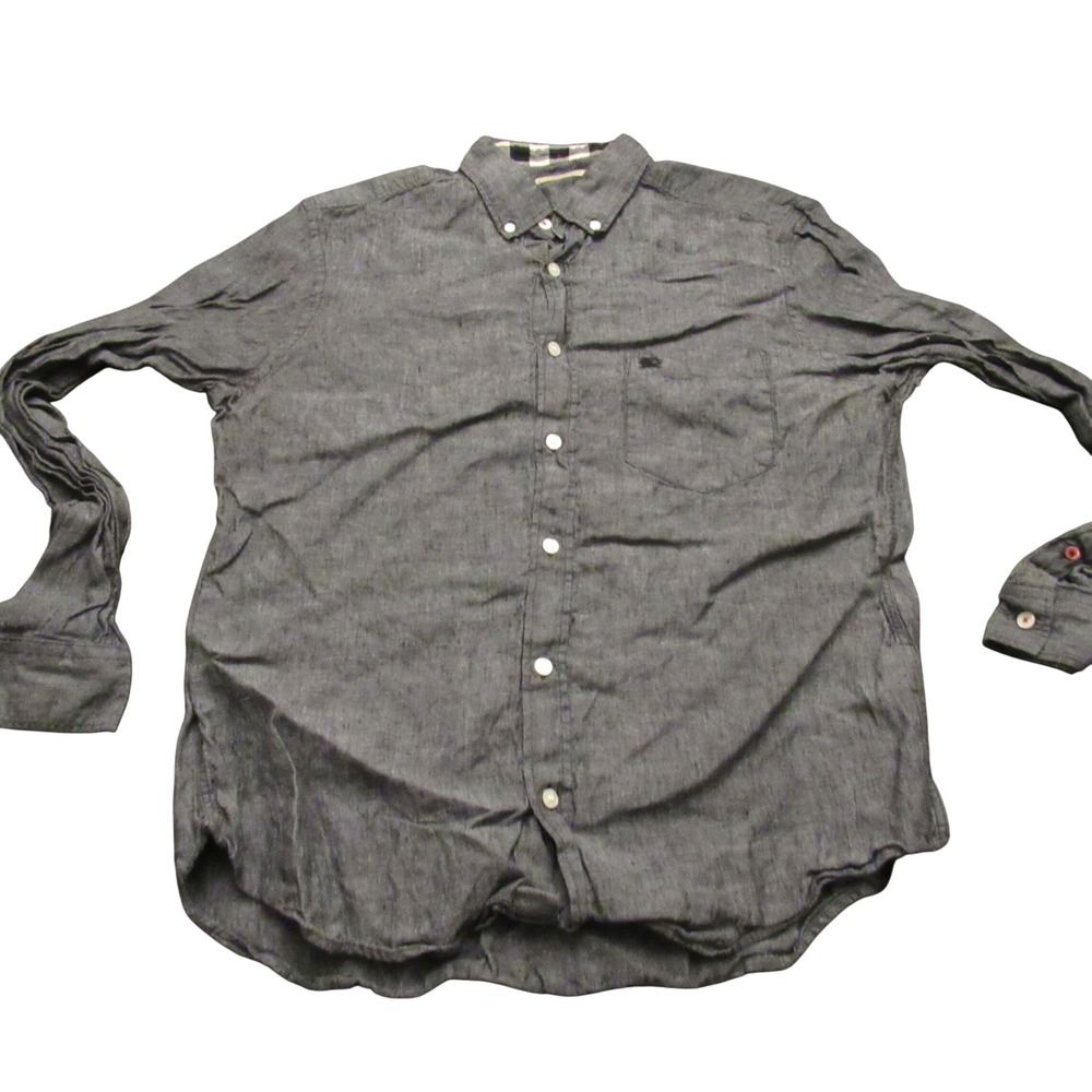 Burberry Brit Mens Large Linen Blend Button Down Shirt Charcoal Gray Long Sleeve